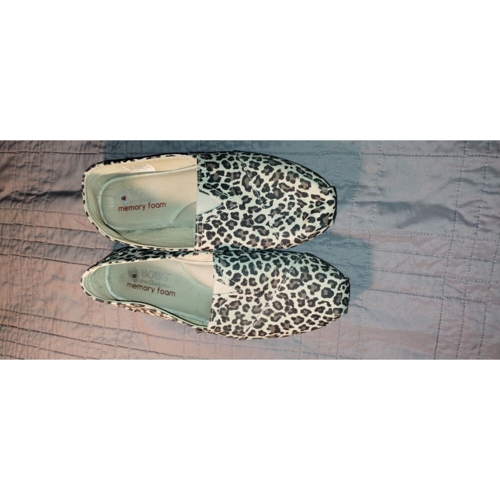 BOBS Leopard Print Slip-On Flats Memory Foam Canvas Round Toe Beige/Black 6